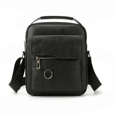 Men's Black Leather Shoulder Bag with Crossbody Strap