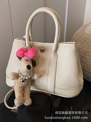Women Cream Leather Large Tote Bag with Doll Charm