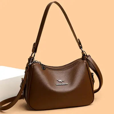 Brown Textured Leather Shoulder Bag for Women