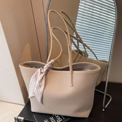 Women's Beige Textured Shoulder Bag with Lace Trim