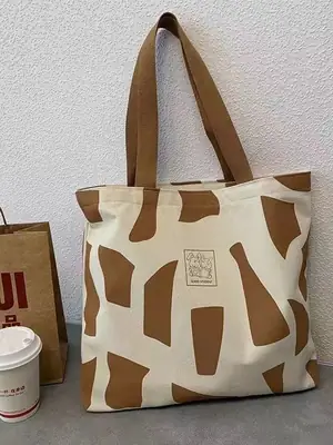 Women's Canvas Artistic Tote Bag Brown White Large Capacity