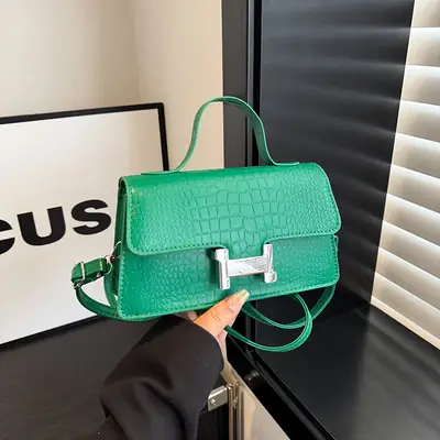 Green Croc Leather Shoulder Bag for Women