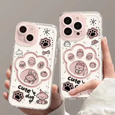 Cute Cat & Dog Paw Clear Phone Case 15 Pro