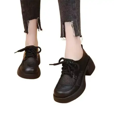 Breathable Mesh Hollow Loafers Thick Sole 2025 Spring and Summer New All-match Increased Lace-up British Leather Shoes for Women
