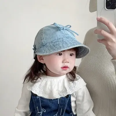 Kids Denim Bucket Hat with Blue Bristle & Korean Bow
