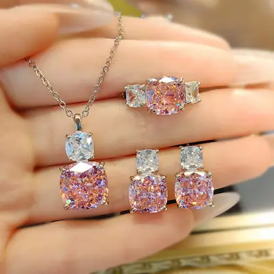 Luxury Pink Diamond Necklace & Earrings Set