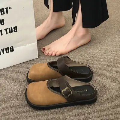 Women Brown Leather Slippers with Thick Bottom 2025 Spring