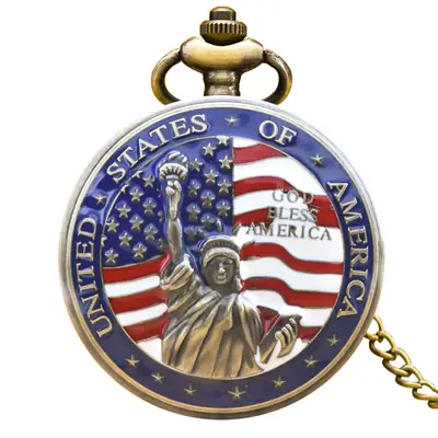 American Flag Quartz Pocket Watch with Statue Design