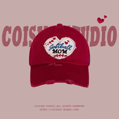 Red Korean Love Embroidered Mom Cap for Women