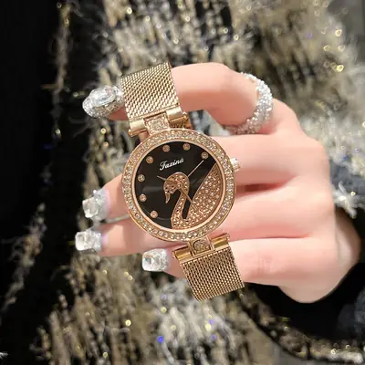 Swan Gold Watch for Women with Crystal Band