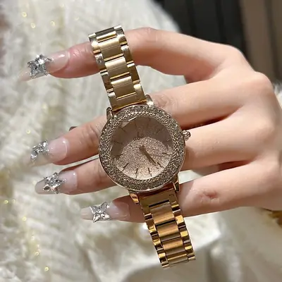 Gold Rhinestone Ladies Wrist Watch Waterproof Quartz