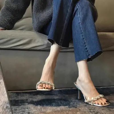 2025 Rhinestone Stiletto Slippers Silver Square Toe