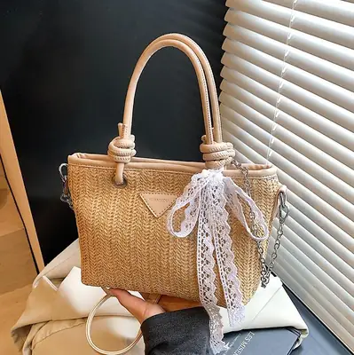 Straw Handbag with Lace Bow for Women