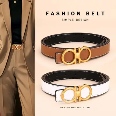 Cross-Border Women's Leather Belt with Gold Buckle