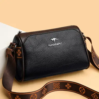 2025 Women's Black PU Leather Shoulder Bag with LV Print Strap
