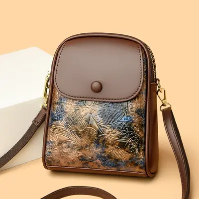 Women's Brown Leaf Print Shoulder Crossbody Bag