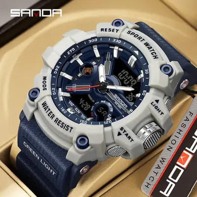Men's Dual Display Waterproof Watch Green Light Sports Style