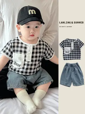 Boys Summer Plaid Cotton T-Shirt Set with Shorts