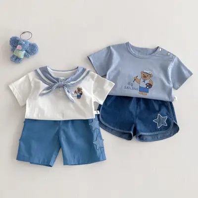 Baby Bear Print Navy Blue Shorts Set for Girls