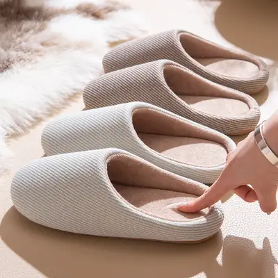 Japanese Striped Warm Slippers Women Spring Autumn Mute Soft Bottom