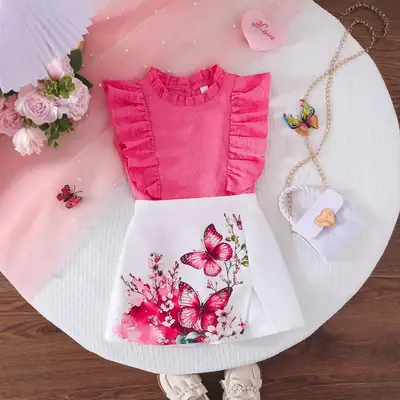Amazon Cross-border E-commerce Girls Summer Lotus Sleeve Pink Top with Butterfly Flower Print White Shorts