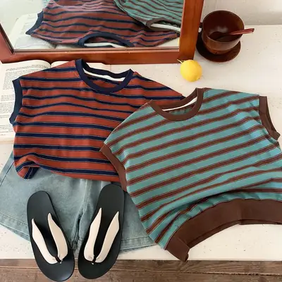 Children Cotton Striped T-Shirt Brown Teal