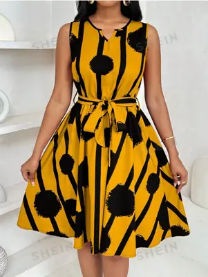 Women's Yellow Black Striped Sleeveless Dress Belt Vest