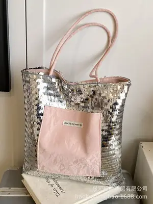 2025 Korean Style Sequins Tote Bag Pink Underarm Design