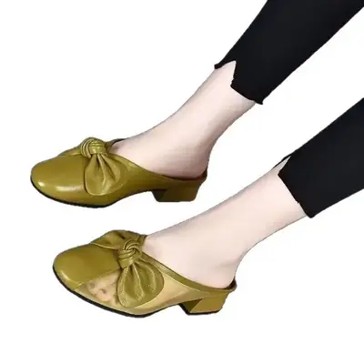 Soft Leather Bag Head Sandals and Slippers Women's Mid-heel 2025 Summer New Fashion Net Infrared Wear Half-slippers Thick-heel Single-layer Shoes for Women