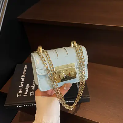 Mini Square Bag Light Blue Gold Chain Shoulder Crossbody