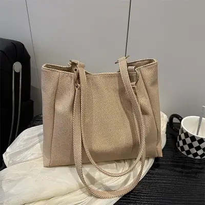 Women Beige Textured Shoulder Bag Large Capacity 2025