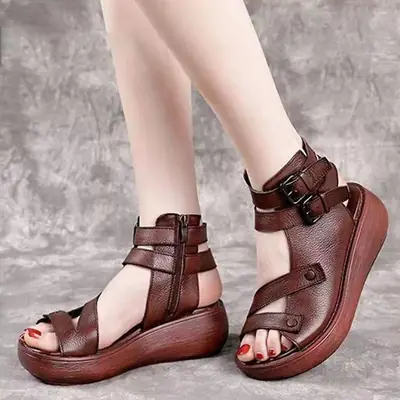 Women's Brown Leather High Heel Wedge Sandals 2025