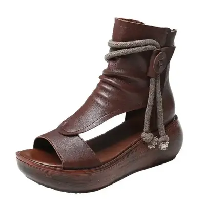 Summer Casual Roman Shoes Women's Fashion 2025 New High-top Heel Wedge Sandals Soft Leather Thick Bottom Pee-toe Sandals