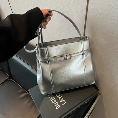 2025 Silver Leather Bucket Bag for Women