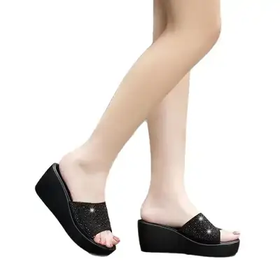 2025 Rhinestone Wedge Slippers Women Black Thick Bottom