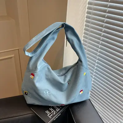 Light Blue Embroidered Shoulder Bag for Women