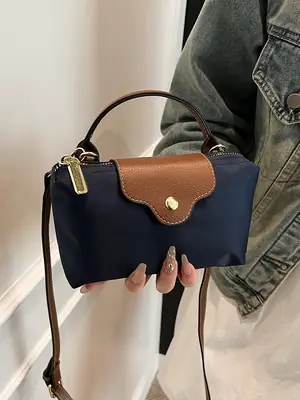 Small Square Shoulder Bag for Women Navy Brown Gold Clasp