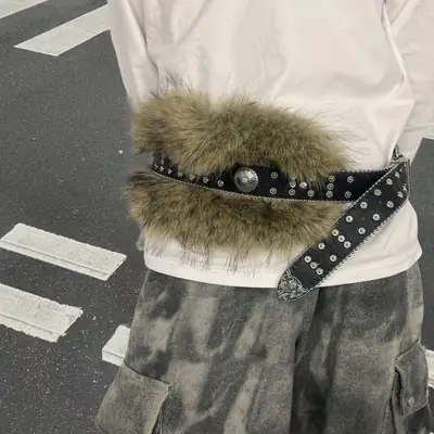 European Mao Mao Belt with Fur Trim and Metal Buckle