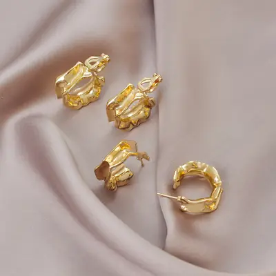 French Metal C-Shape Irregular Earrings Gold Cold Light Luxury Commuter