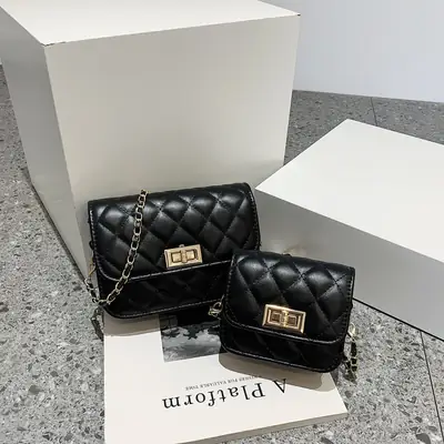 Black Rhombic Chain Shoulder Bag Set for Women 2022