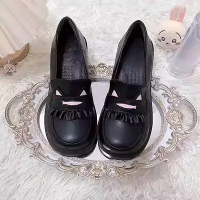 Women's Black Leather Cat Ears Mary Jane Loafers