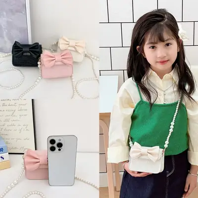 Girls Bow Crossbody Bag Green White Pearl Chain Shoulder Crossbody