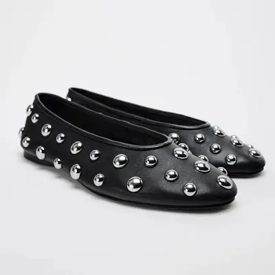 Black Rivet Leather Ballet Flat Shoes for Women