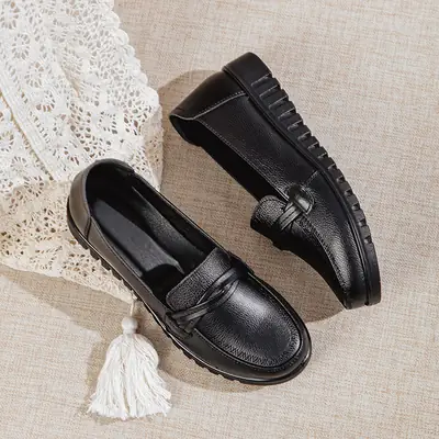 Women's Black Genuine Leather Casual Loafers Non-Slip