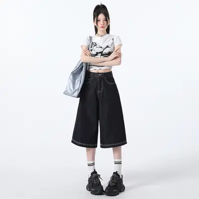 Women Dark Blue Wide Leg Tannin Crop Pants 2025