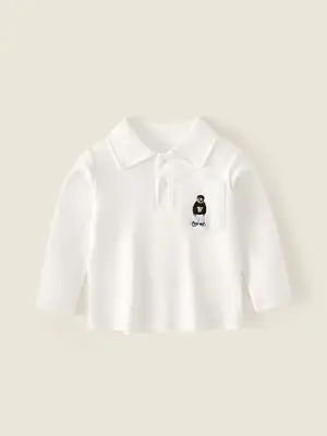 New Boys' White Polo Shirt Cotton Long Sleeve Top