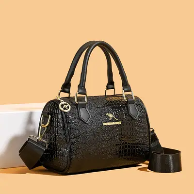 Black Croc Texture Women's Shoulder Bag with Gold Plated Logo