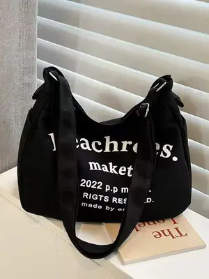 Black Letter Canvas Shoulder Bag Large Capacity