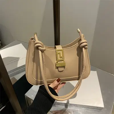 2025 Beige Gold Plated Lock Buckle Shoulder Bag