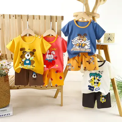 Children's Blue Yellow Cartoon Short Sleeve T-Shirt Suit
